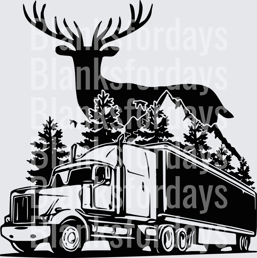 Semi Truck Big Rig with Buck Deer Silhouette Mountain Scene (DTF)