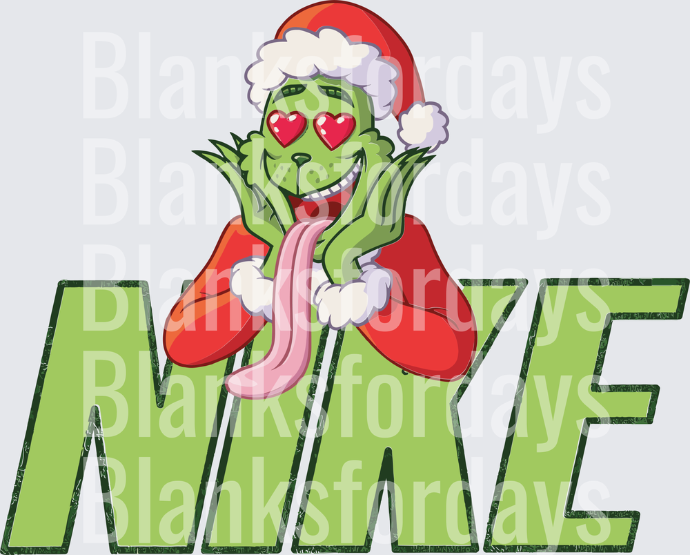 Grinch Santa Heart Eyes Tongue Out NIKE Style Letters (DTF)