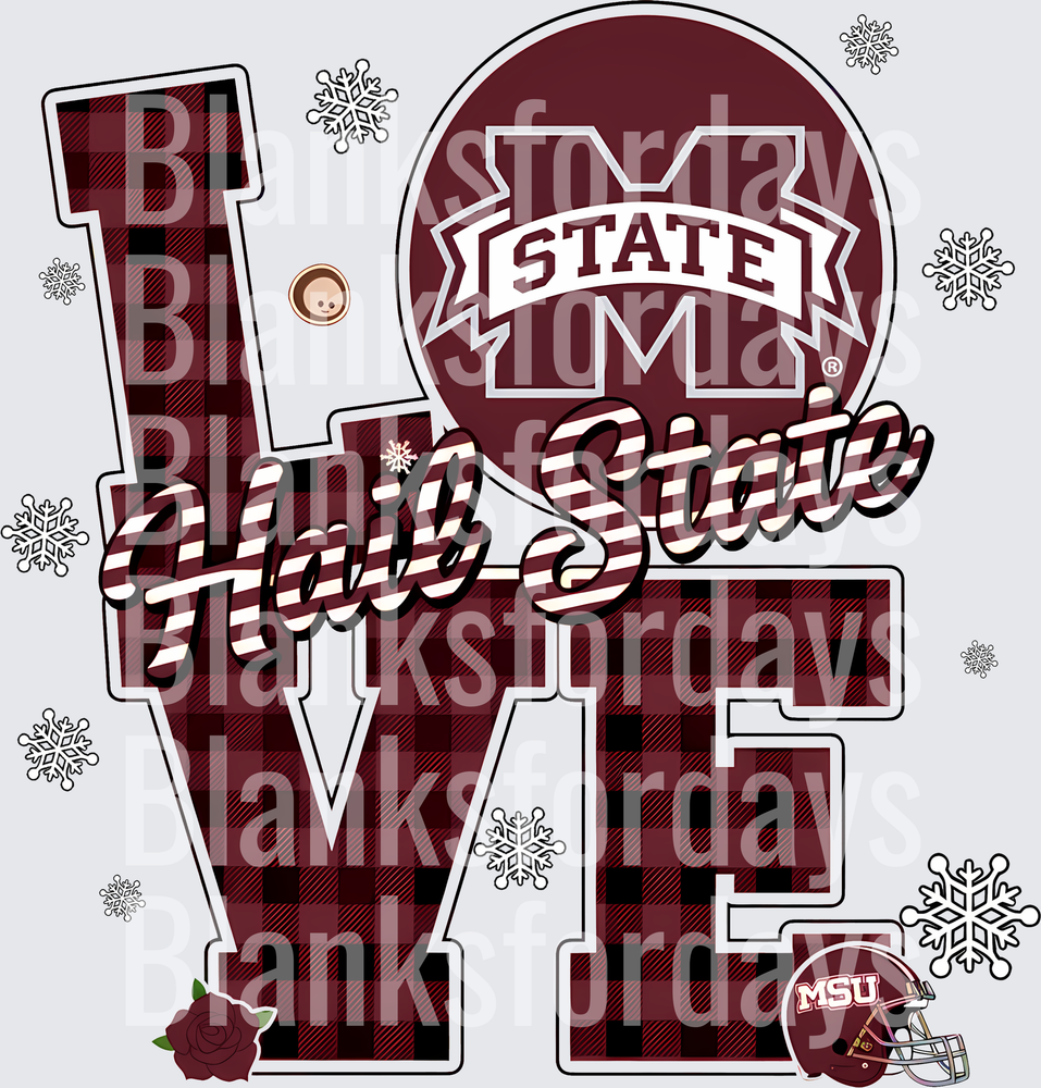Mississippi State Bulldogs LOVE Buffalo Plaid Winter Snowflake Hail State MSU (DTF)