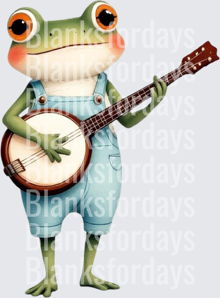 Cute Frog Playing Banjo in Blue Overalls Watercolor Art (DTF)