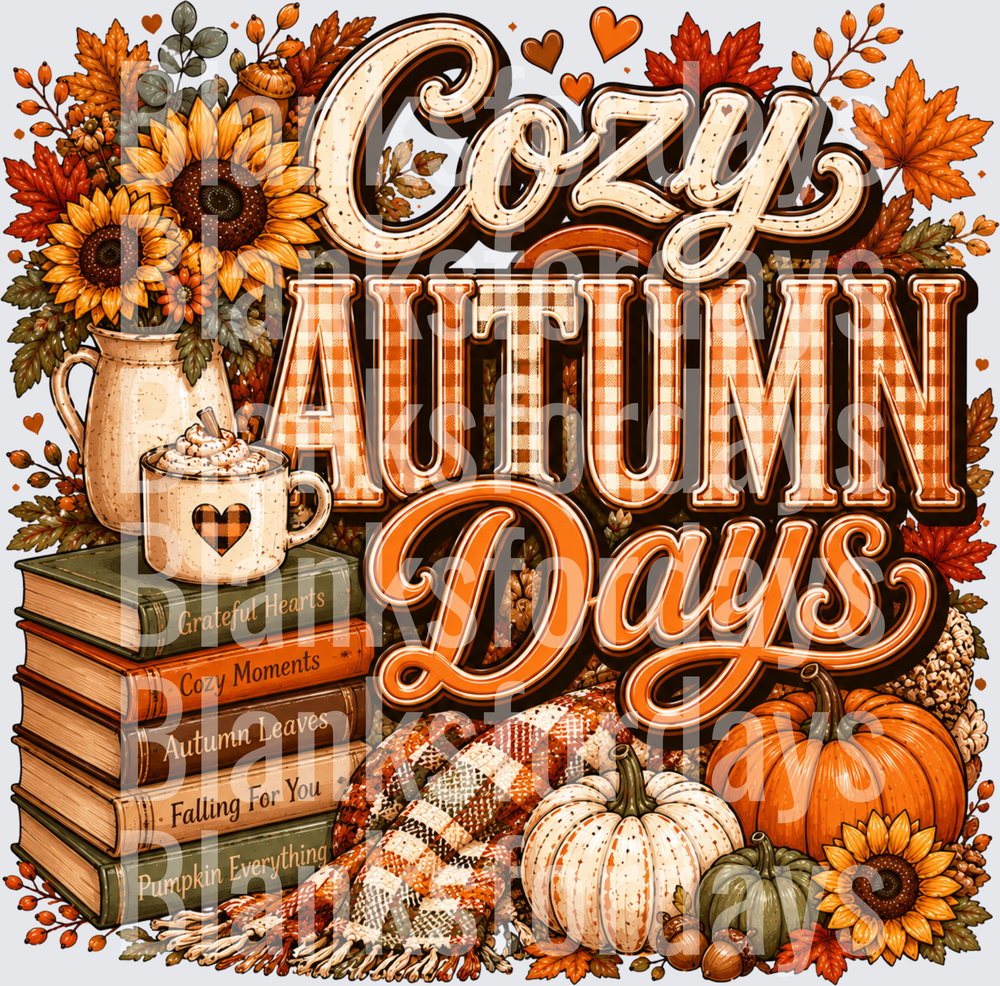 Cozy Autumn Days Fall Pumpkins Sunflowers Plaid Books (DTF)