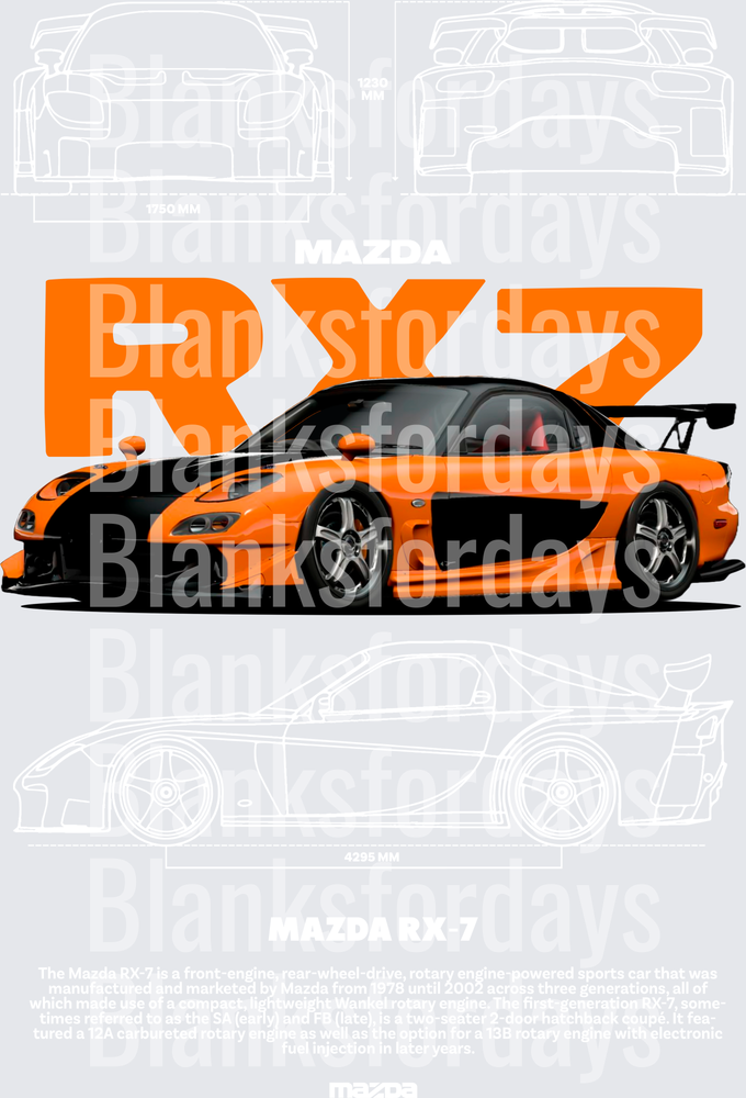 Mazda RX-7 Orange Black JDM Sports Car Blueprint Design (DTF)
