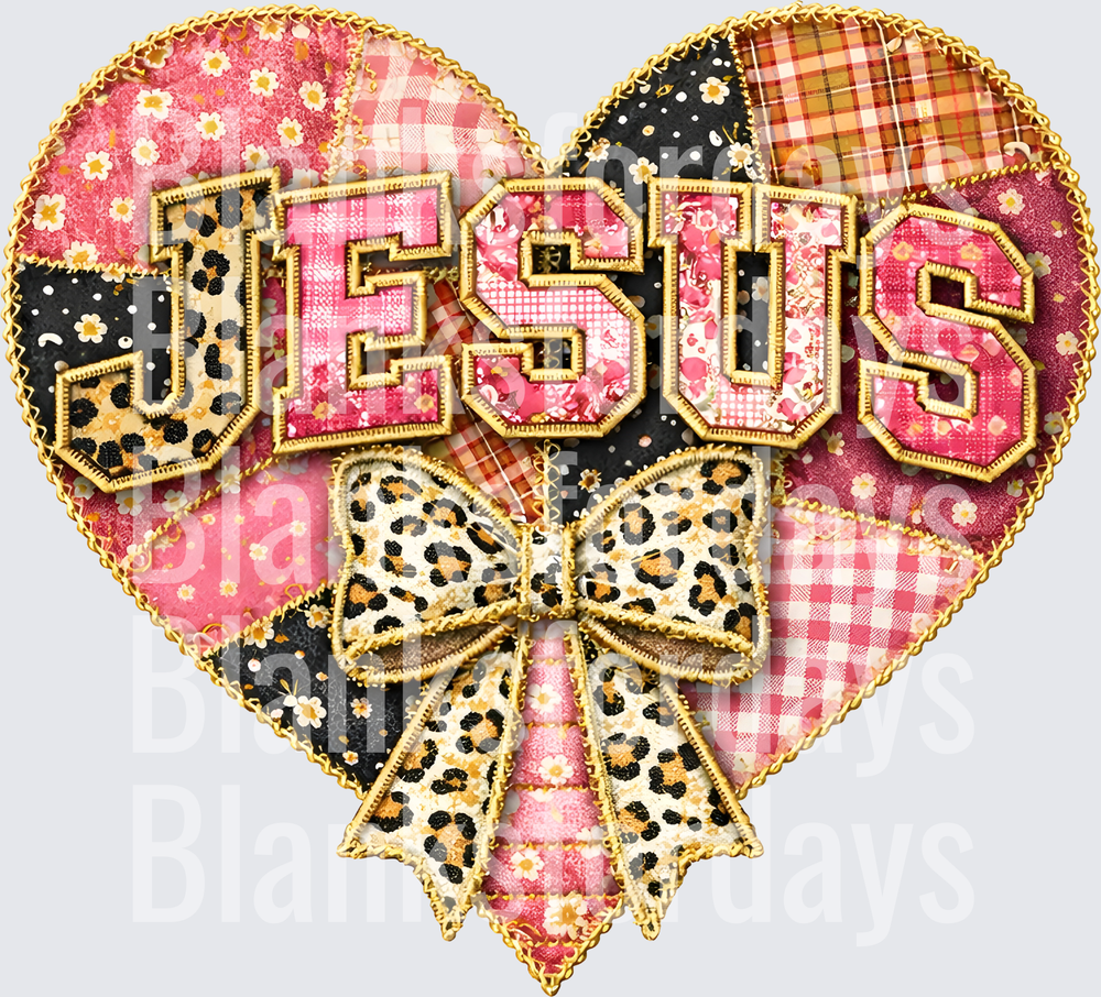 Jesus Patchwork Heart Gold Chain Leopard Bow Christian (DTF)