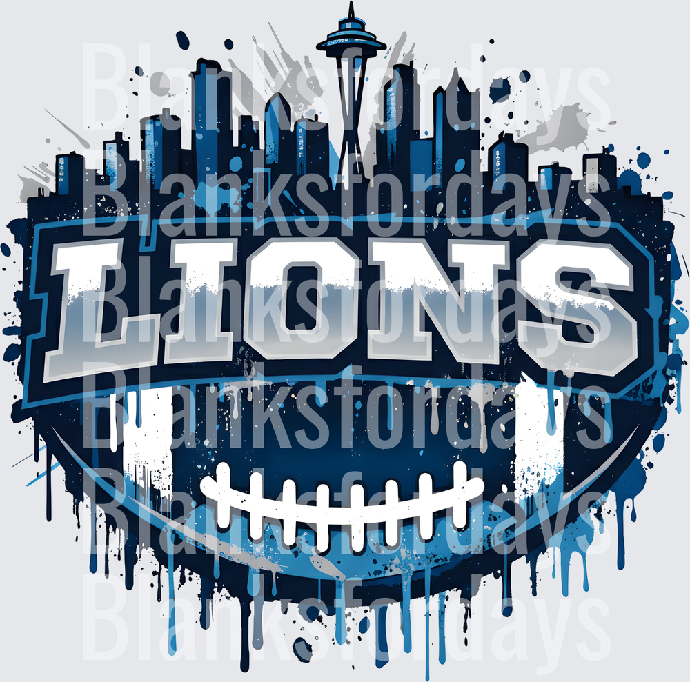 Lions Football Navy Blue City Skyline Drip Grunge Design (DTF)