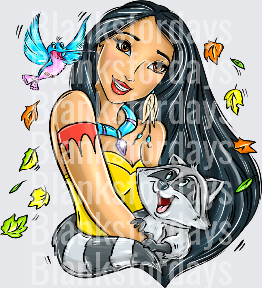 Pocahontas with Meeko and Flit Autumn Leaves Fan Art (DTF)