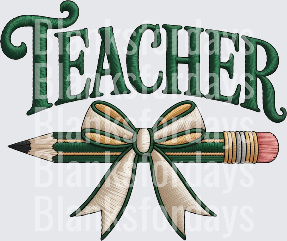 Embroidered Style Teacher Arched Text Pencil Cream Bow (DTF)