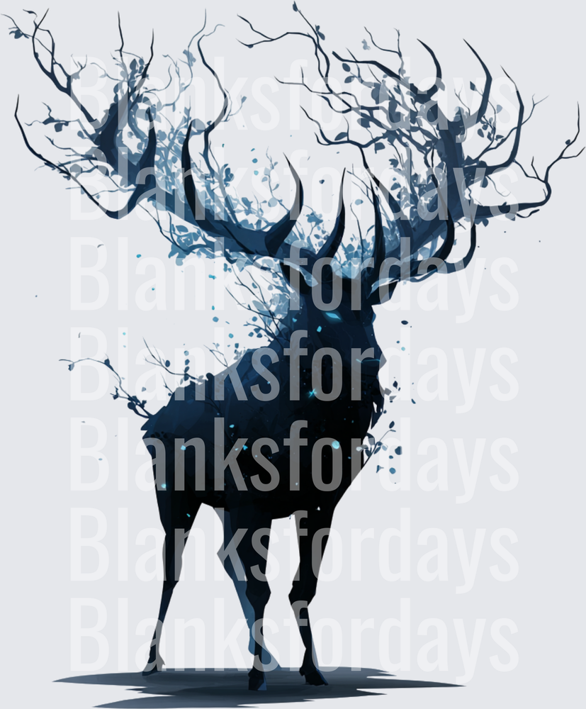 Mystical Dark Blue Elk Silhouette with Forest Tree Antlers (DTF)