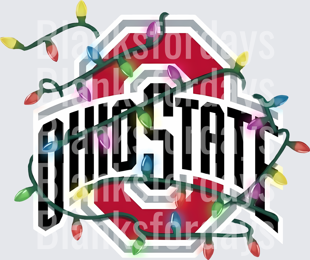 Ohio State Buckeyes Logo Wrapped in Colorful Christmas Lights (DTF)