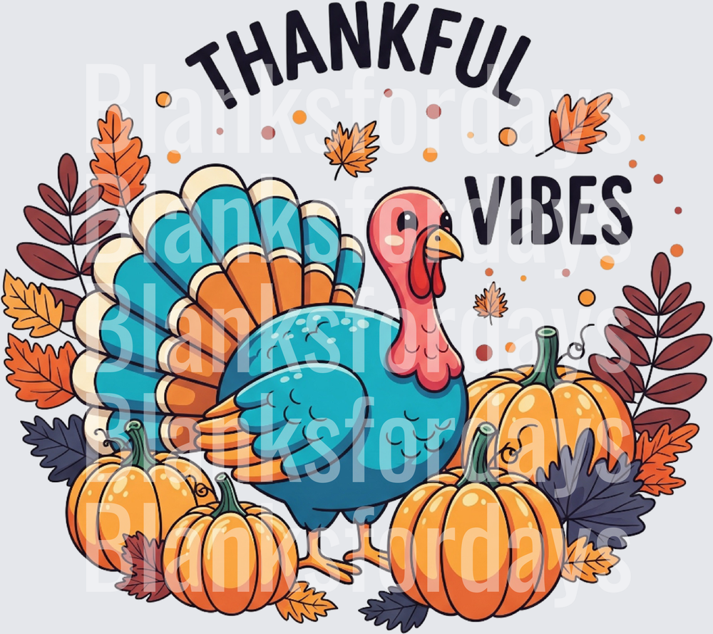 Thankful Vibes Cartoon Turkey Pumpkins Fall Leaves Thanksgiving (DTF)