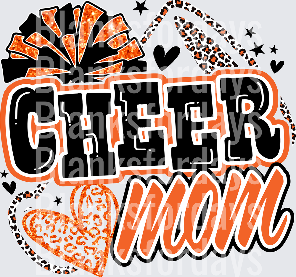Cheer Mom Orange Black Leopard Glitter Pom Pom Heart Design (DTF)