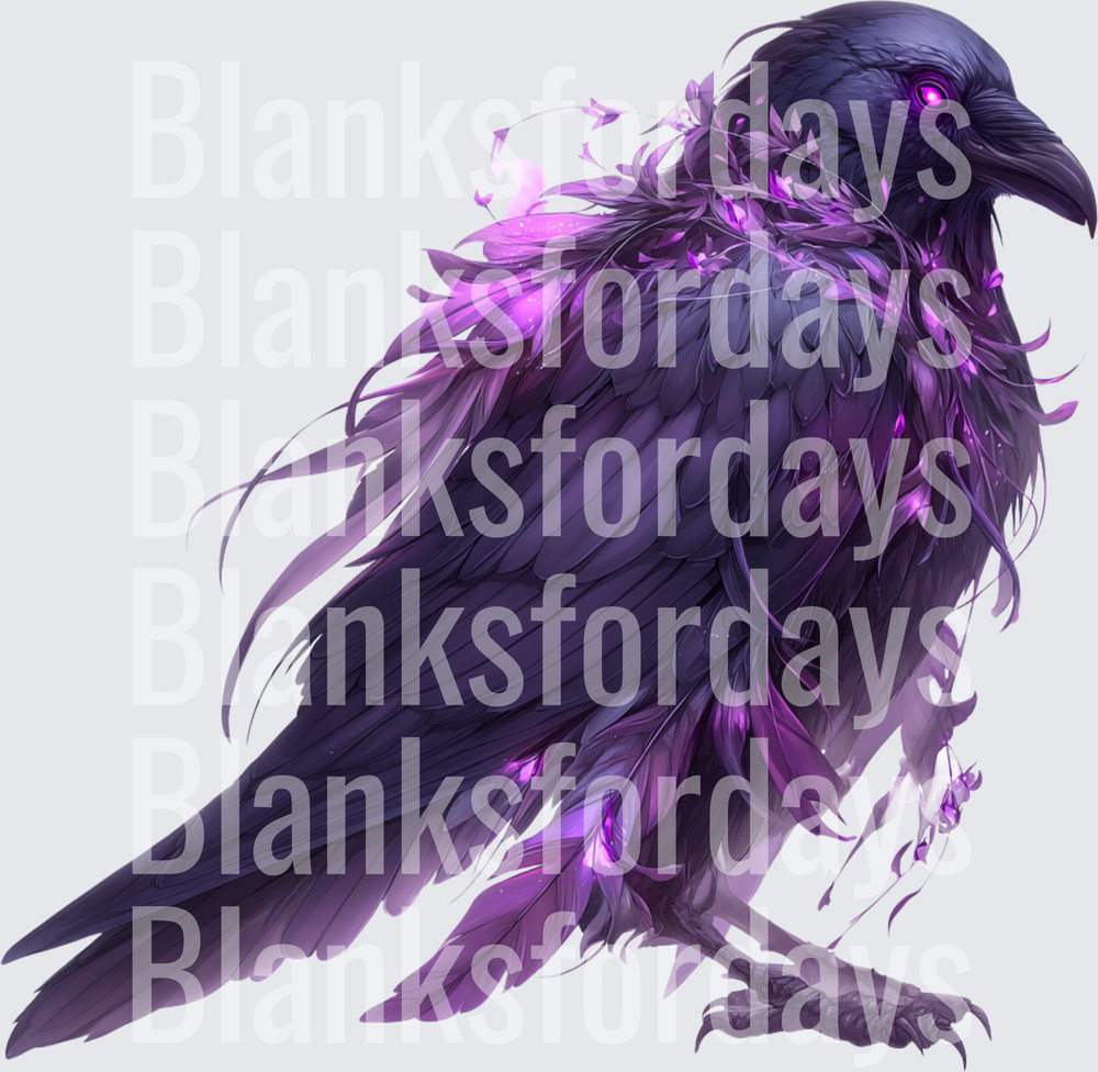 Mystical Dark Raven with Glowing Purple Eyes and Floral Feathers (DTF)