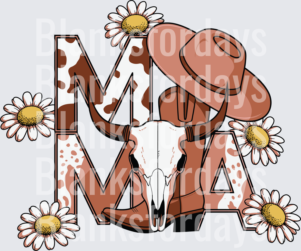 Western Mama Cow Print Letters Bull Skull Cowboy Hat Daisies (DTF)