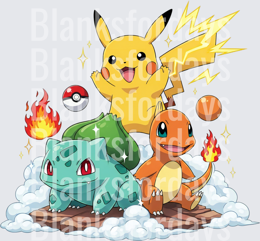 Pikachu Bulbasaur Charmander Starter Pokemon Trio (DTF)