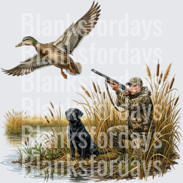 Duck Hunter with Black Lab and Mallard in Marsh Reeds (DTF)