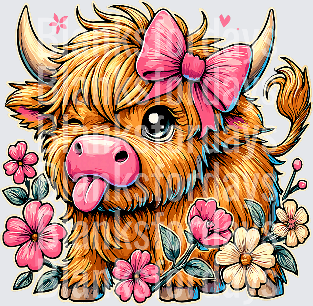Cute Highland Cow Girl Pink Bow Floral Tongue Out (DTF)