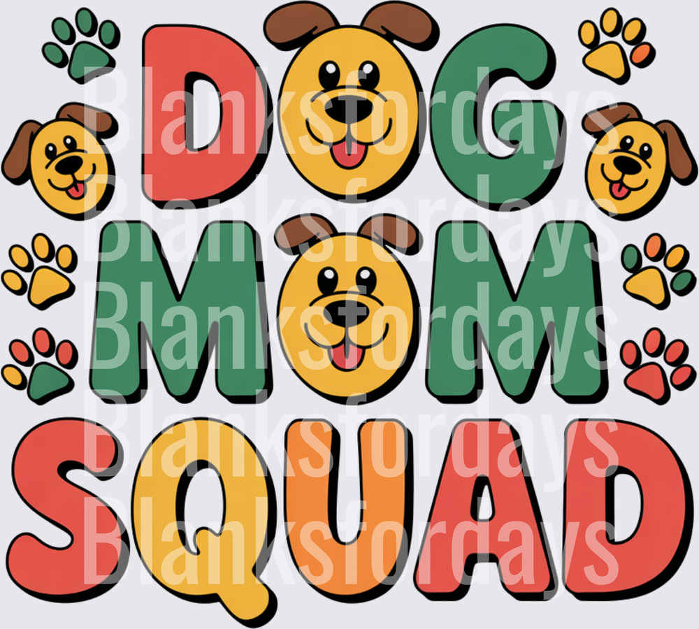 Dog Mom Squad Colorful Cartoon Pup Faces Paw Prints Design (DTF)