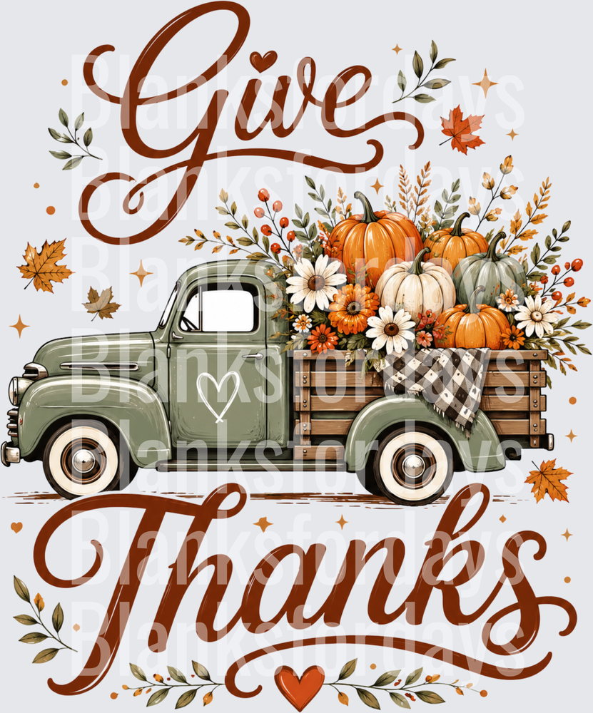 Give Thanks Vintage Green Truck Fall Pumpkin Harvest Design (DTF)