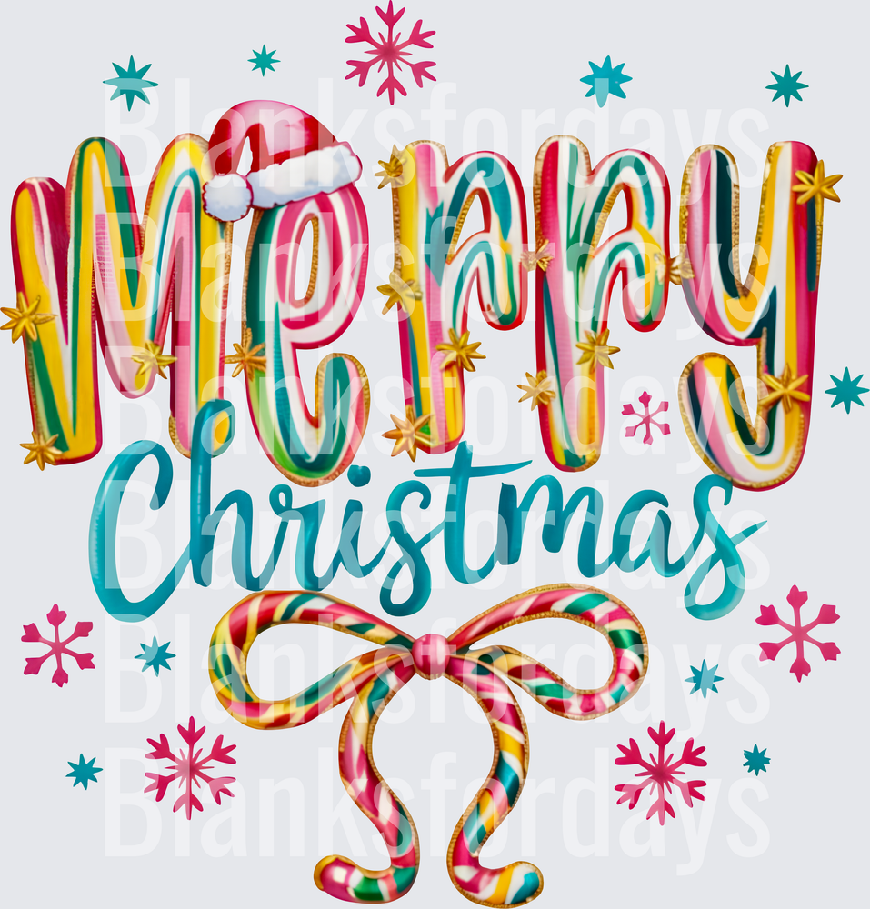 Merry Christmas Colorful Balloon Letters Santa Hat Bow Snowflakes (DTF)
