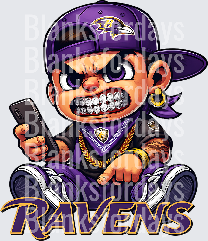 Baltimore Ravens Gangster Cartoon Mascot With Phone And Grillz (DTF)