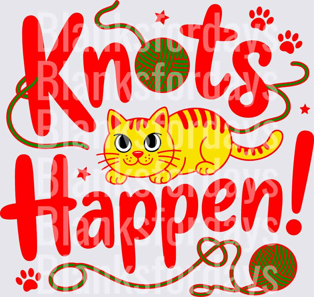 Knots Happen Cute Yellow Tabby Cat Yarn Ball Pun Design (DTF)