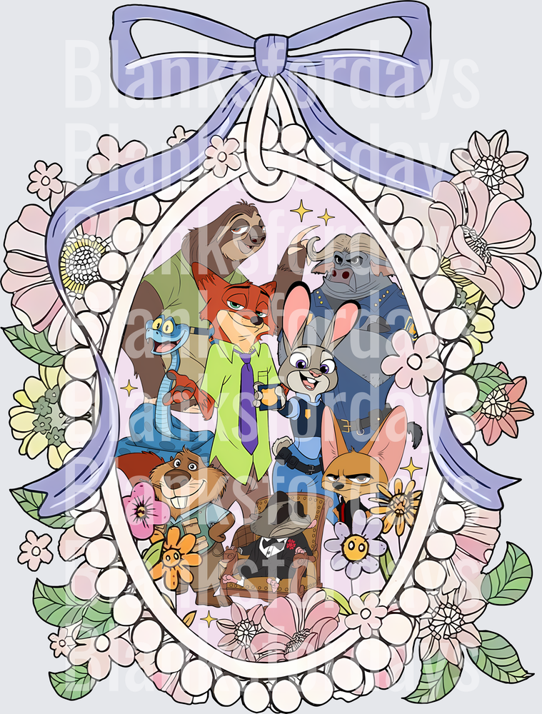 Zootopia Characters Floral Oval Frame with Lavender Bow (DTF)