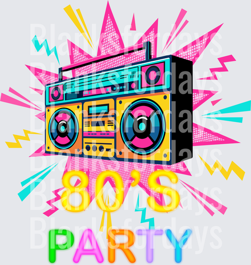 80s Party Boombox Retro Neon Lightning Bolt Design (DTF)