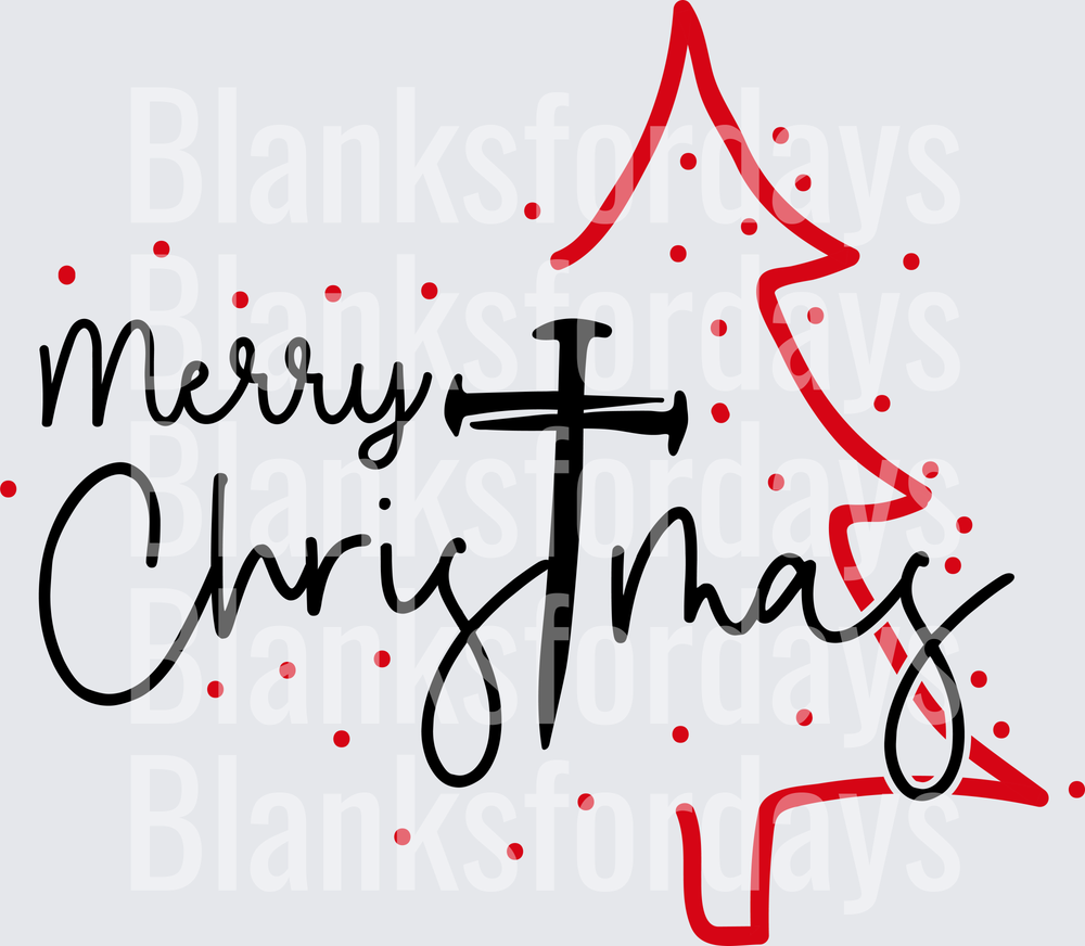 Merry Christmas Cross Script Red Tree Outline Dot Design (DTF)