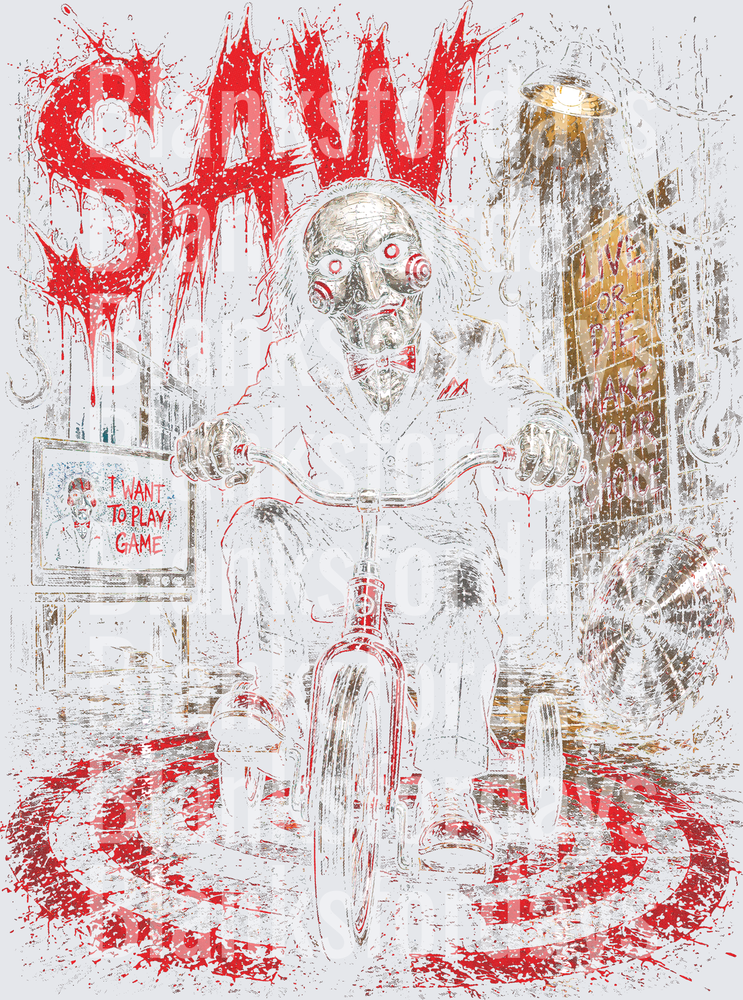 SAW Jigsaw Billy Puppet Tricycle Horror Movie Art (DTF)