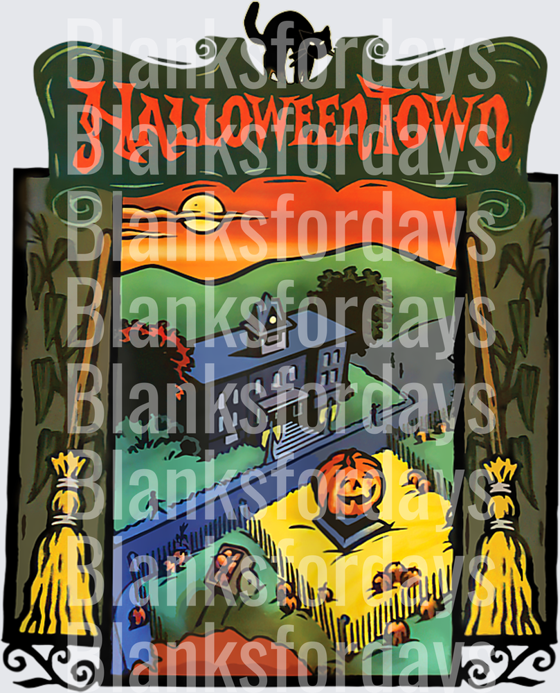 Halloweentown Sign Black Cat Brooms Pumpkin Haunted House (DTF)