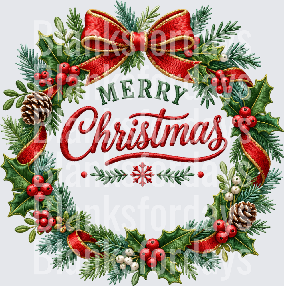 Merry Christmas Embroidery Style Holiday Wreath with Red Bow (DTF)