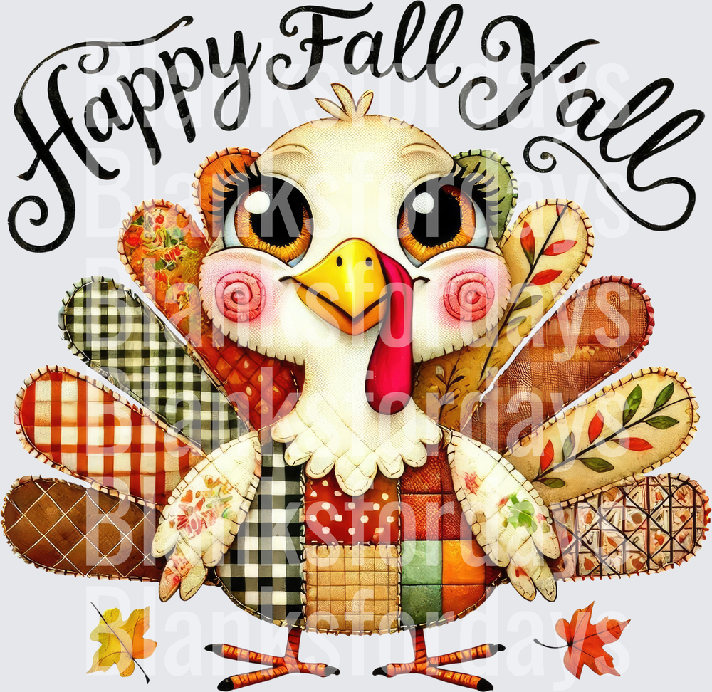 Happy Fall Y'all Patchwork Quilt Turkey with Fall Leaves (DTF)