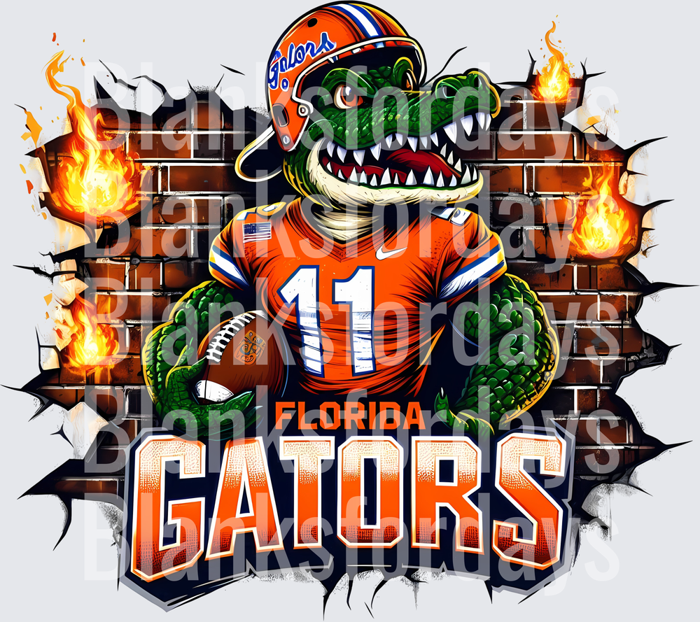 Florida Gators Fierce Alligator Mascot Breaking Brick Wall Flames Football (DTF)
