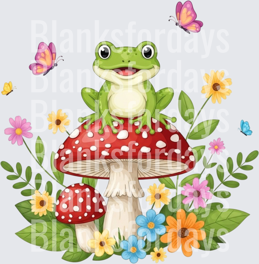 Smiling Green Frog on Red Mushroom with Wildflowers and Butterflies (DTF)