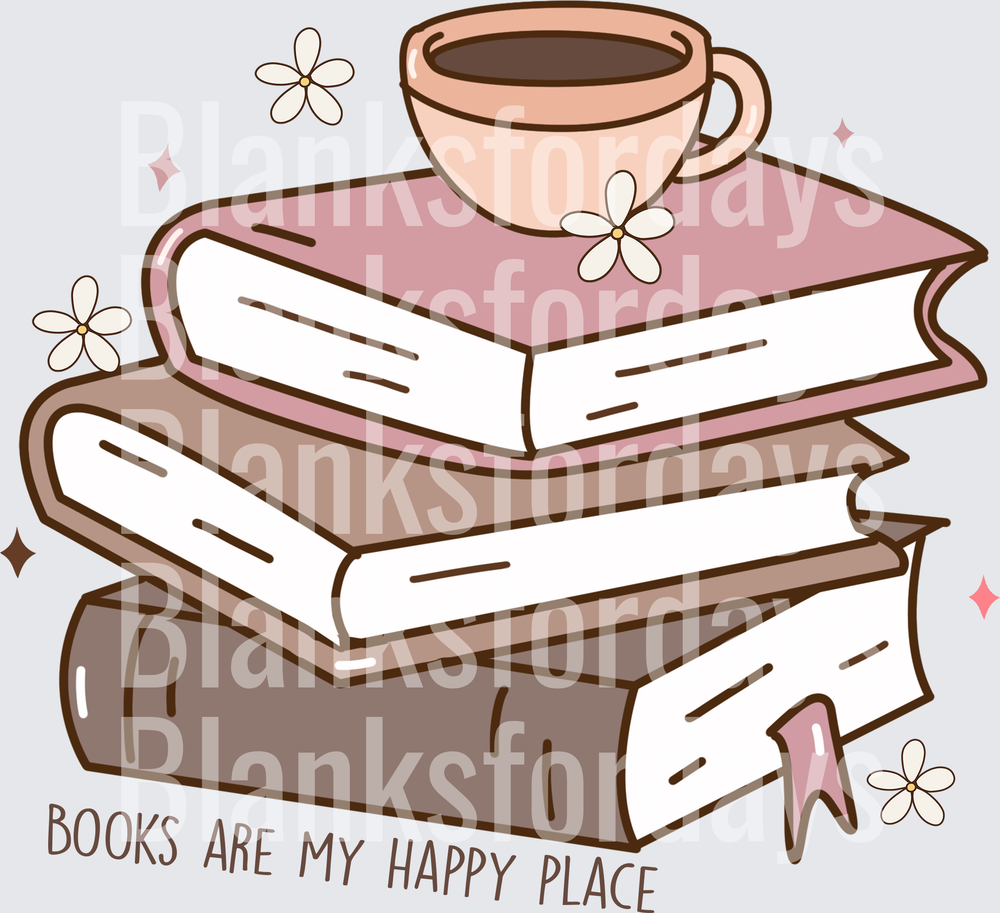 Books Are My Happy Place Stacked Books Coffee Cup Floral (DTF)