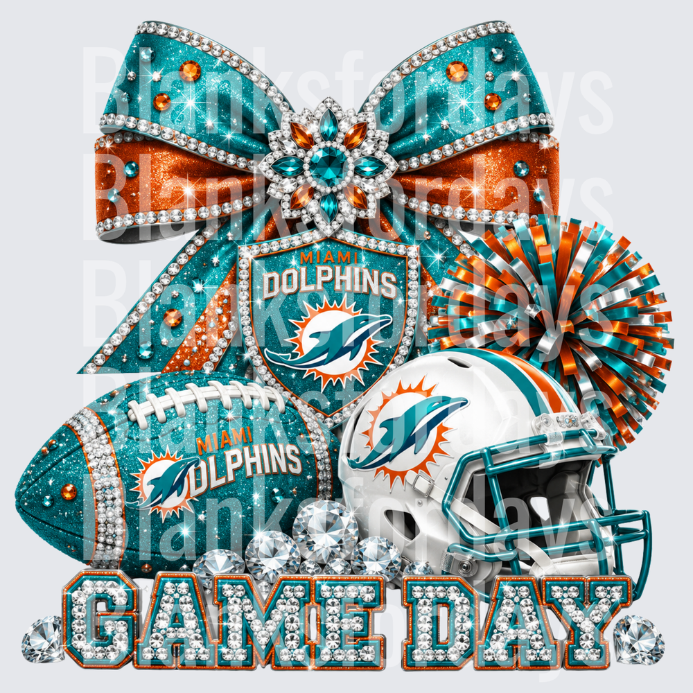 Miami Dolphins Game Day Glitter Bow Rhinestone Helmet Design (DTF)