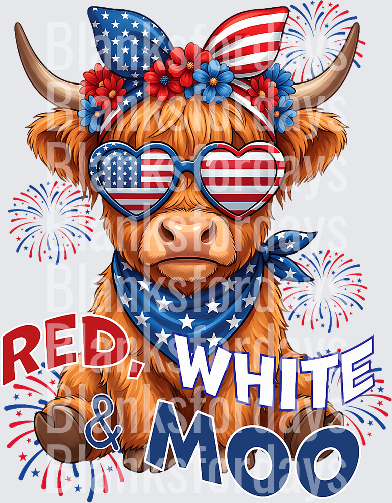 Red White & Moo Patriotic Highland Cow 4th of July (DTF)