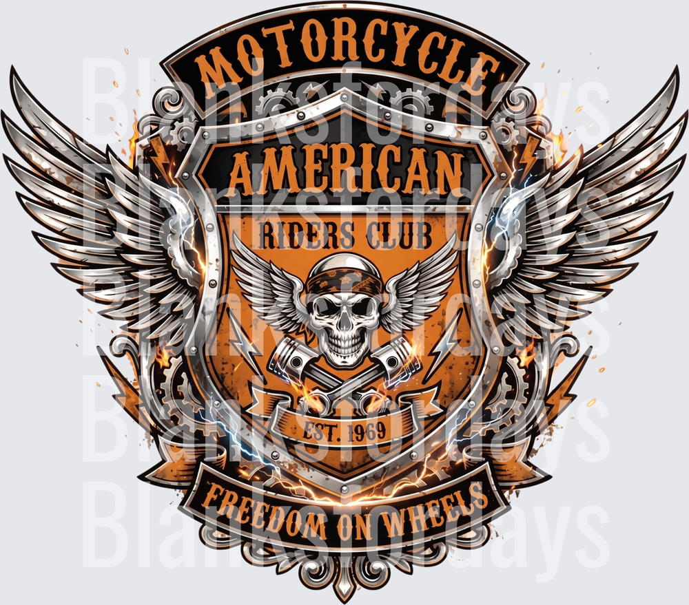 Motorcycle American Riders Club EST 1969 Freedom On Wheels Skull Wings Badge (DTF)