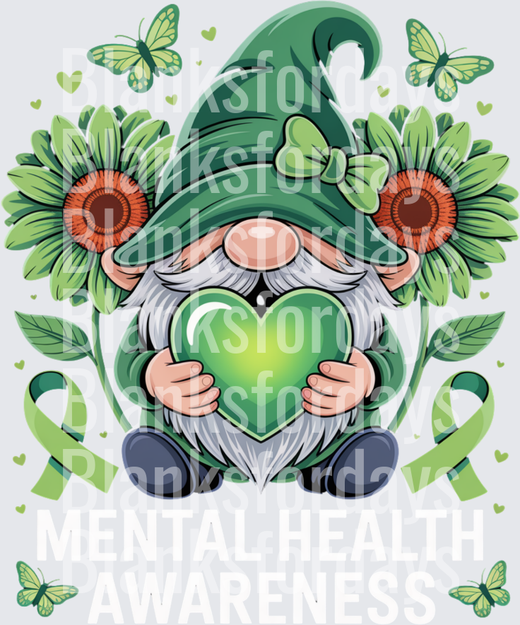 Mental Health Awareness Gnome Green Heart Sunflowers Ribbon (DTF)