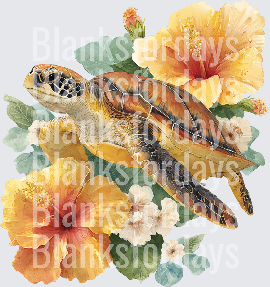 Watercolor Sea Turtle with Tropical Hibiscus Flowers (DTF)