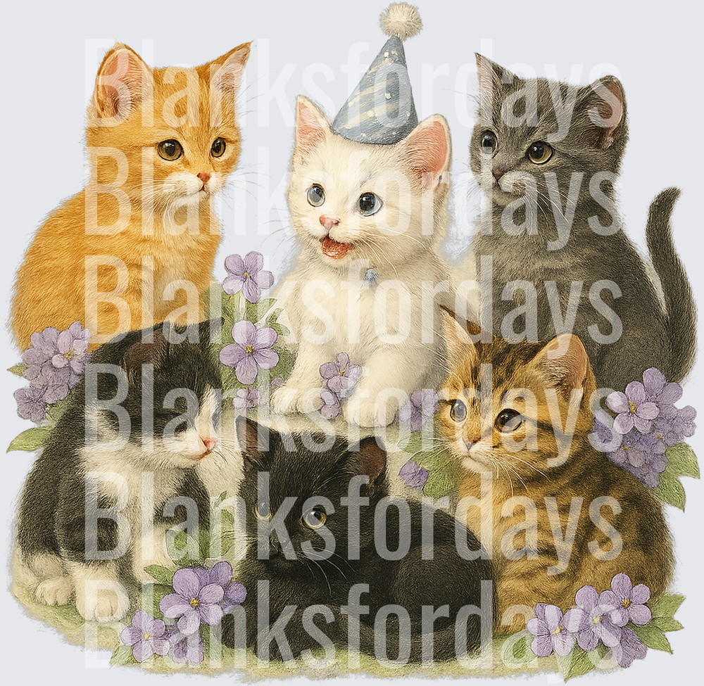 Vintage Kittens Party Hat Cats Purple Flowers Illustration (DTF)
