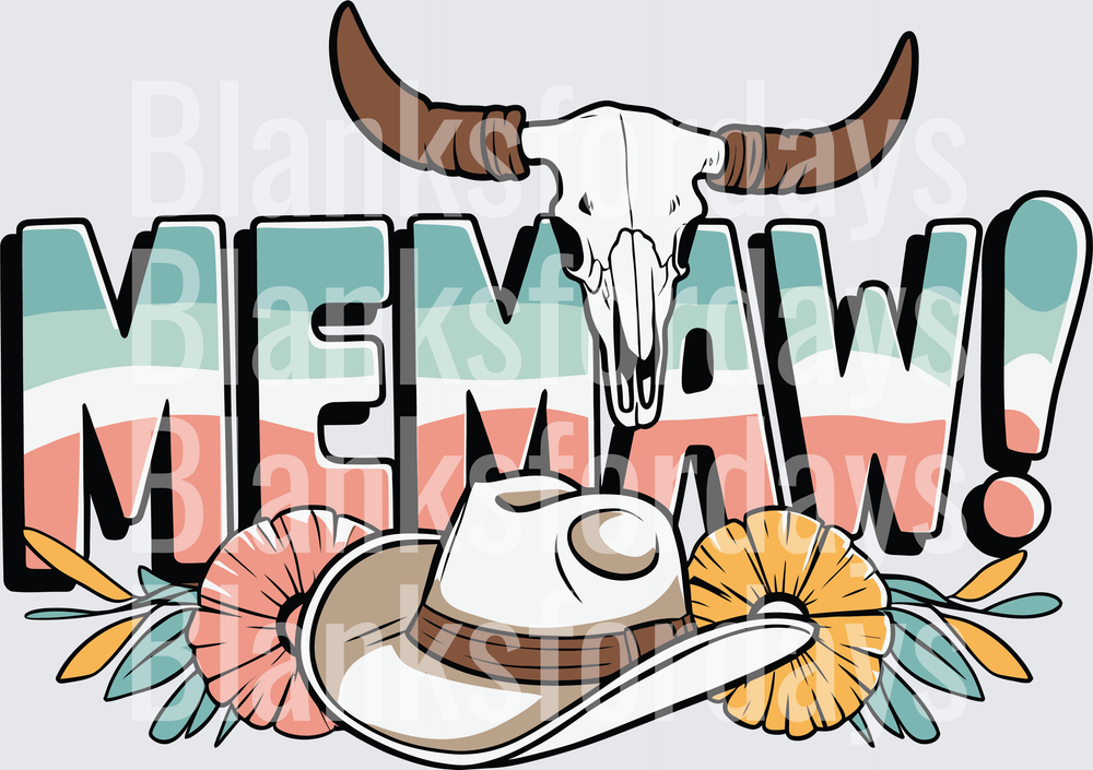 Memaw Western Bull Skull Cowboy Hat Floral Serape Design (DTF)