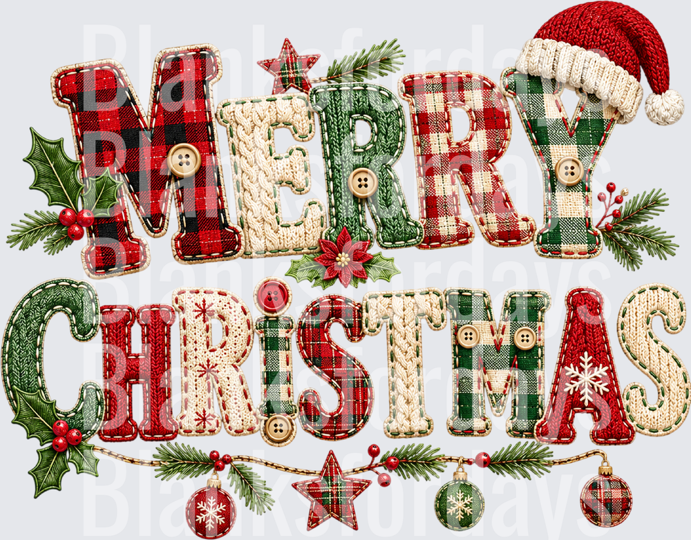 Merry Christmas Patchwork Plaid Knit Letters Holiday Design (DTF)
