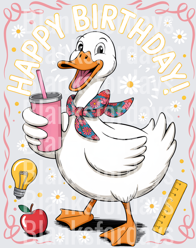 Happy Birthday Cute Duck with Pink Cup Floral Bow Teacher (DTF)
