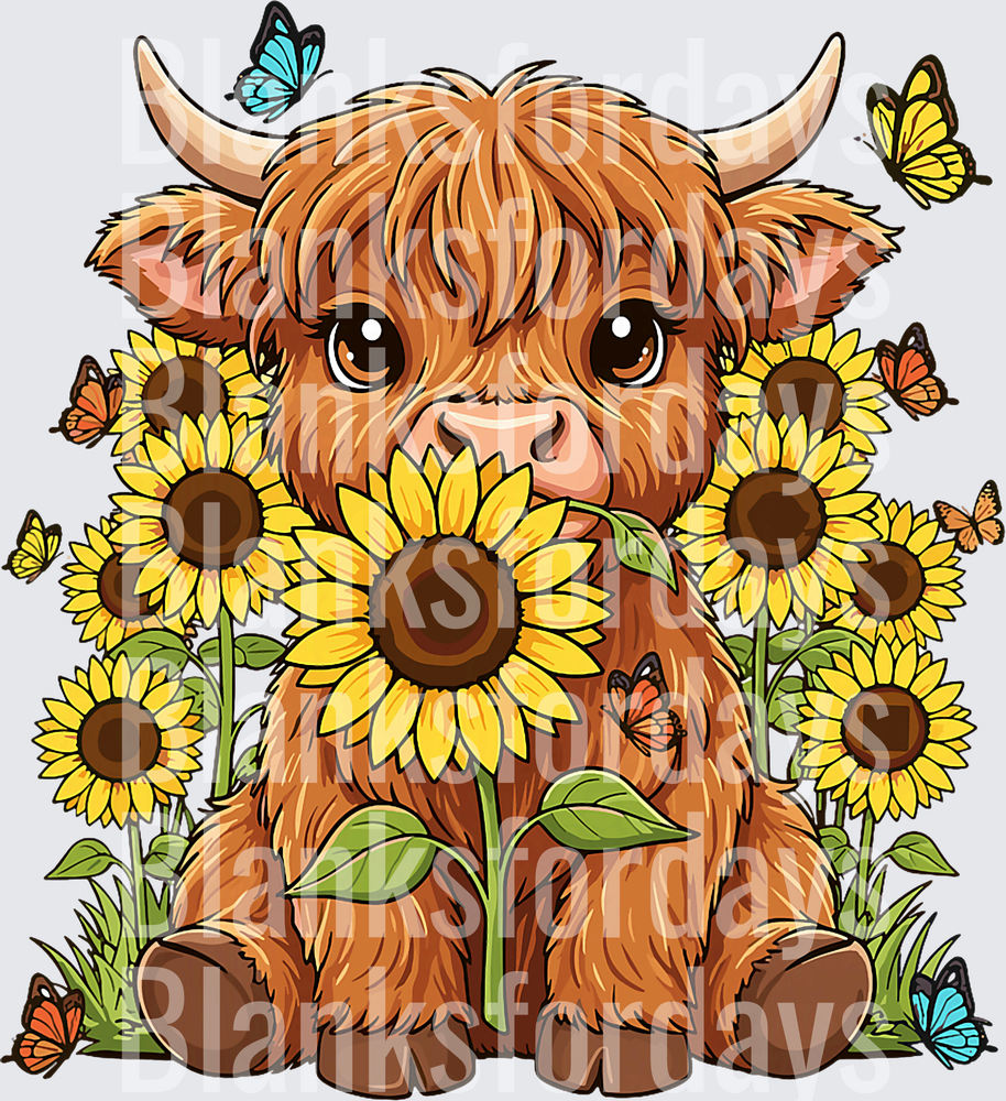 Cute Baby Highland Cow Sunflowers Butterflies (DTF)