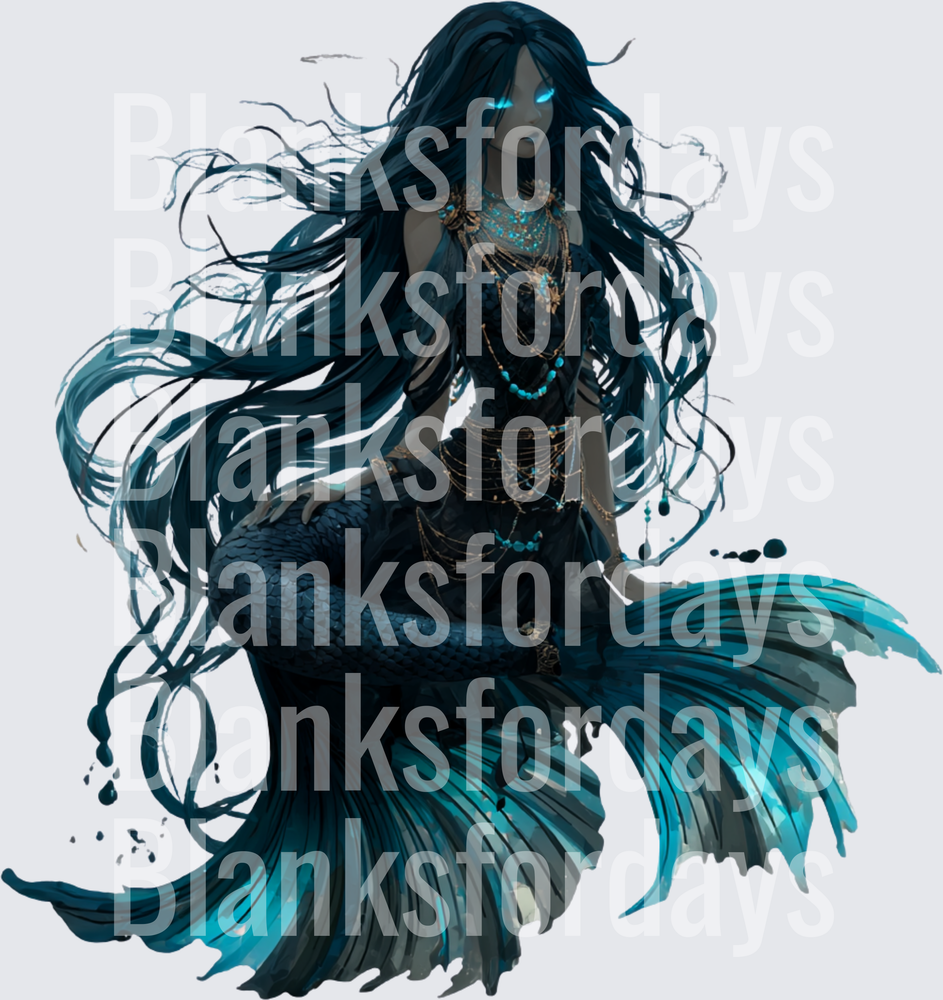 Dark Fantasy Mermaid Glowing Teal Eyes Black Hair Ocean (DTF)