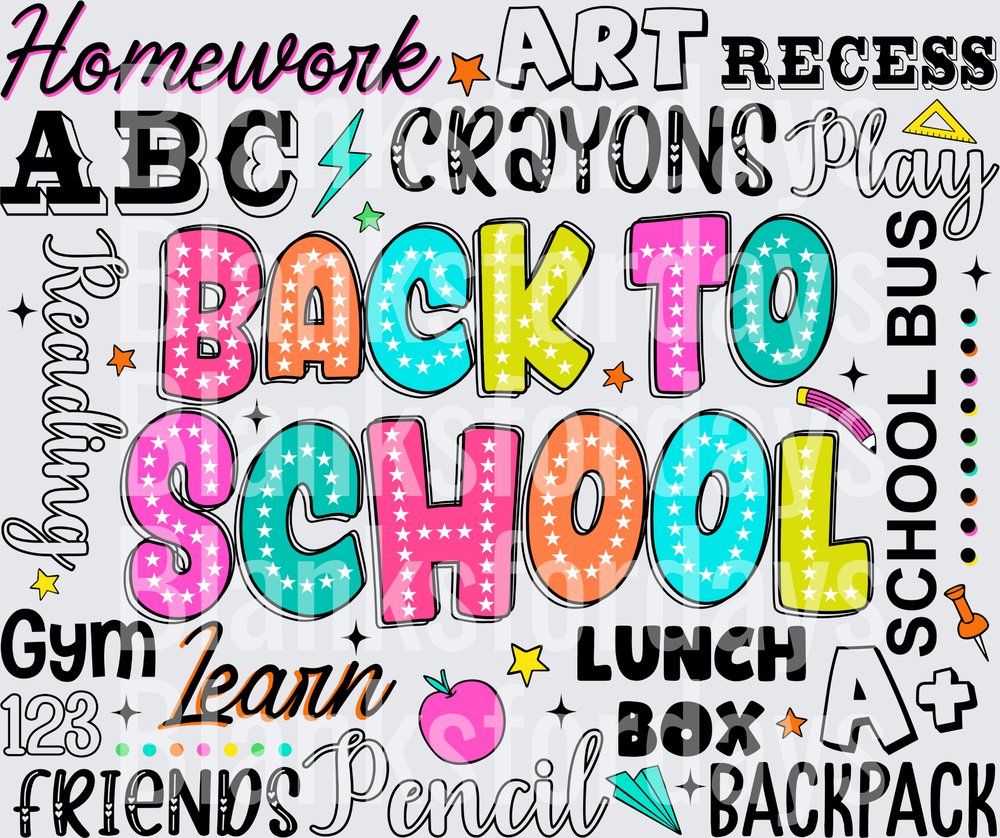 Back To School Colorful Star Word Collage Typography (DTF)