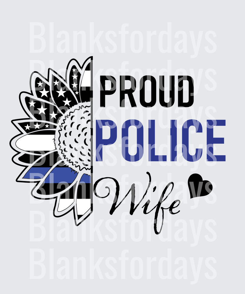 Proud Police Wife Thin Blue Line Sunflower Heart (DTF)