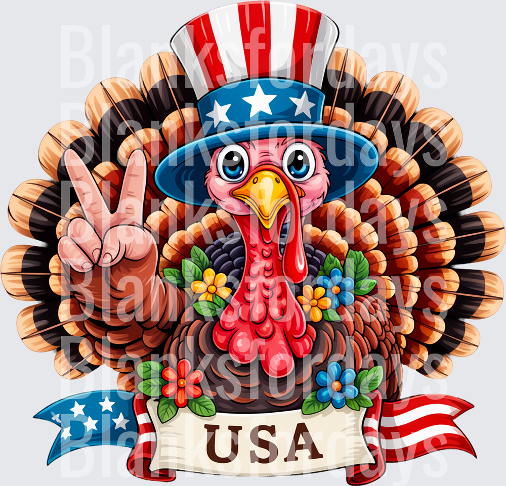Patriotic Thanksgiving Turkey Peace Sign USA Banner Floral (DTF)