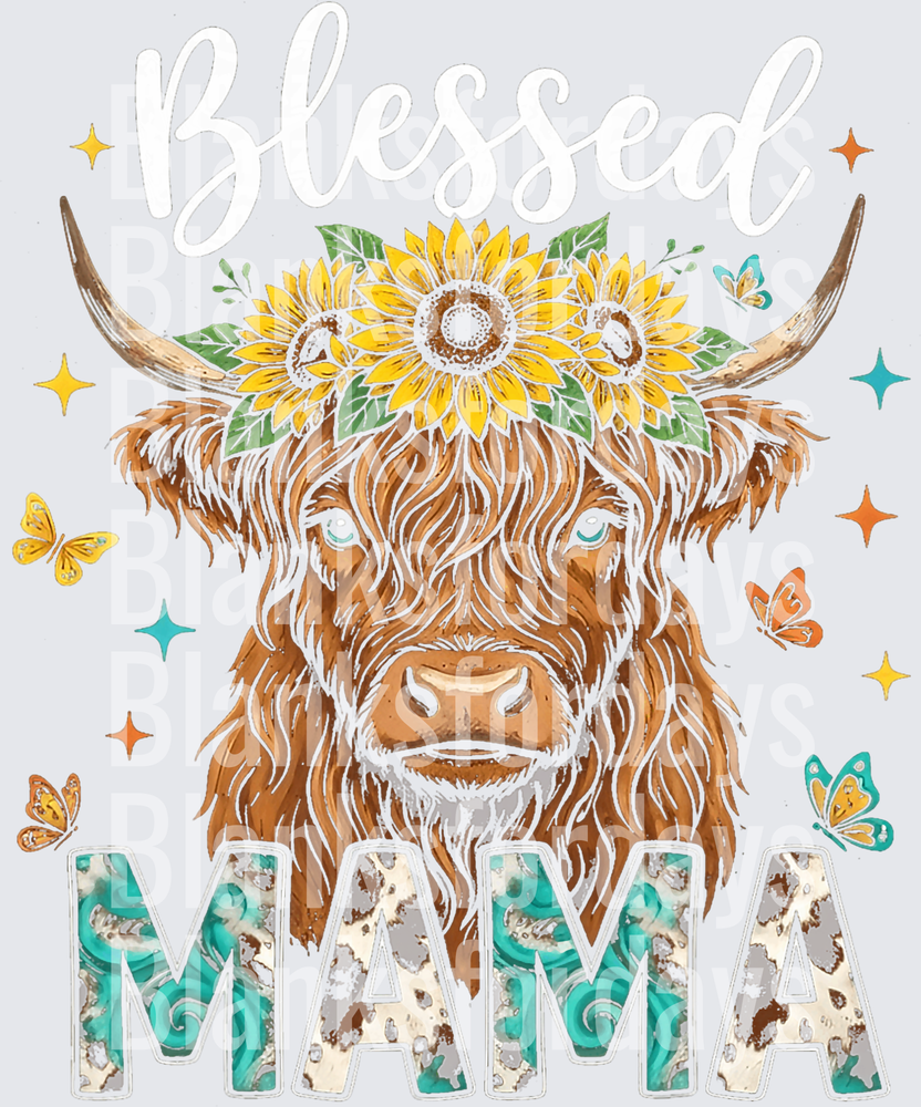 Blessed Mama Highland Cow Sunflower Floral Boho Teal (DTF)