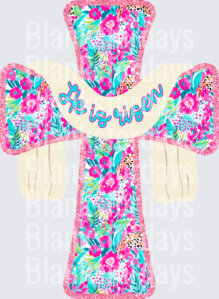 He Is Risen Floral Cross Pink Glitter Easter Religious (DTF)